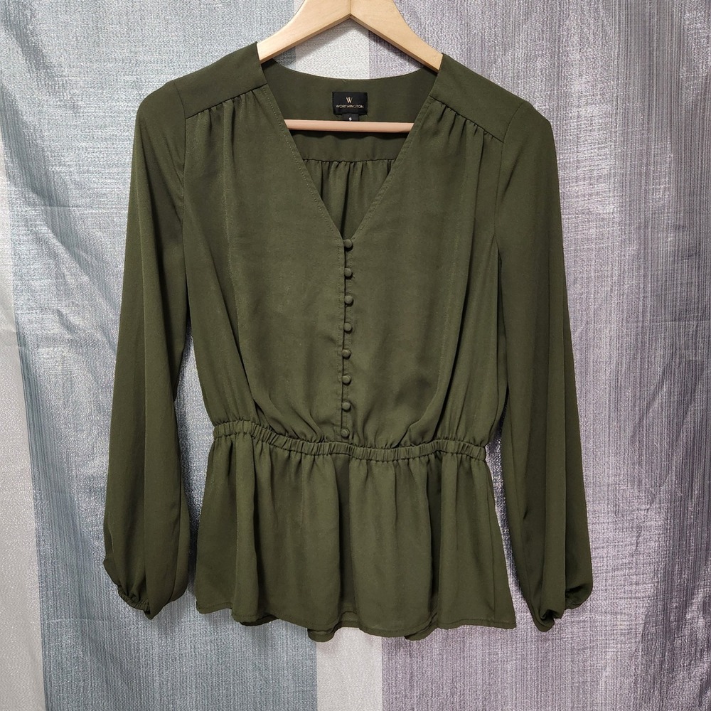 Worthington Womens Olive Green V-Neck Peplum Blouse Long Sleeve S Workwear Chic
